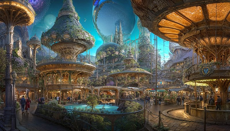 Bustling fantasy alien market city with ornate organic steampunk towers, glowing wooden architect...