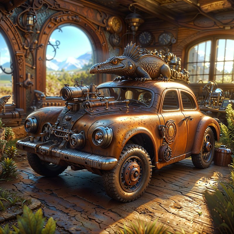 Steampunk copper vintage car with a mechanical reptile perched on its roof, inside an ornate carv...
