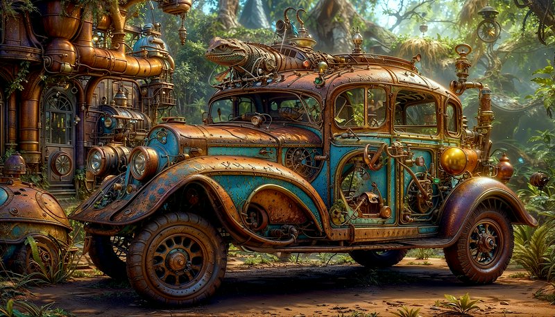 Steampunk vintage truck with rusted copper trim, mechanical crocodile roof ornament, parked besid...