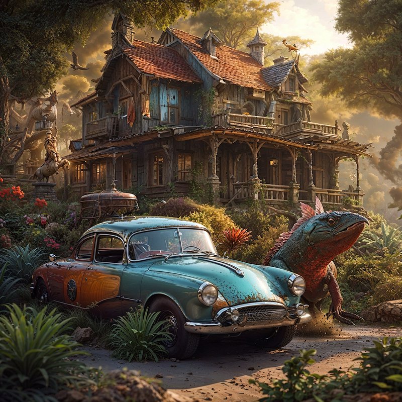 Whimsical fantasy scene: rustic wooden manor, vintage teal car, and giant lizard creature in sunl...