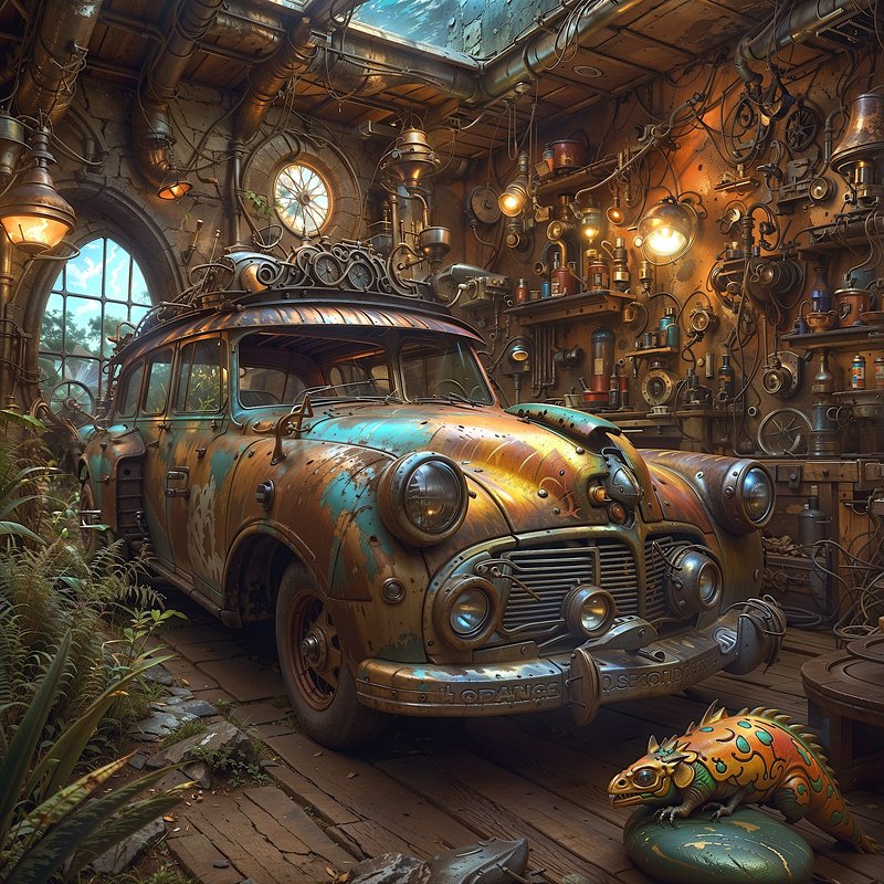 Patinated steampunk vintage car sits in a cluttered brass inventor workshop with a small mechanic...