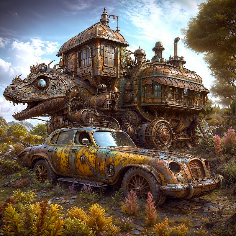Rusted steampunk vintage car sits before an ornate dragon-headed steam land yacht in a lush sunli...