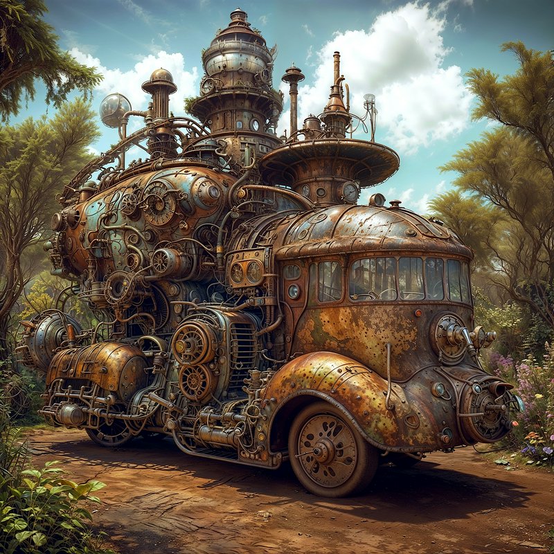 Ornate rusted steampunk mobile machine covered in gears and towers, parked on a dirt forest path ...