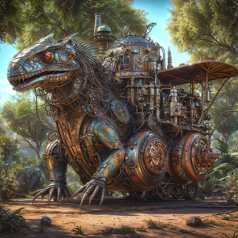 Intricate steampunk mechanical lizard vehicle rests on a dirt path in a sunny green forest
