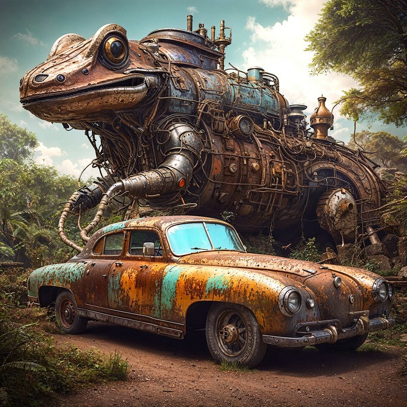 Giant rusted steampunk mechanical frog looms behind a weathered rusted vintage car on a jungle di...