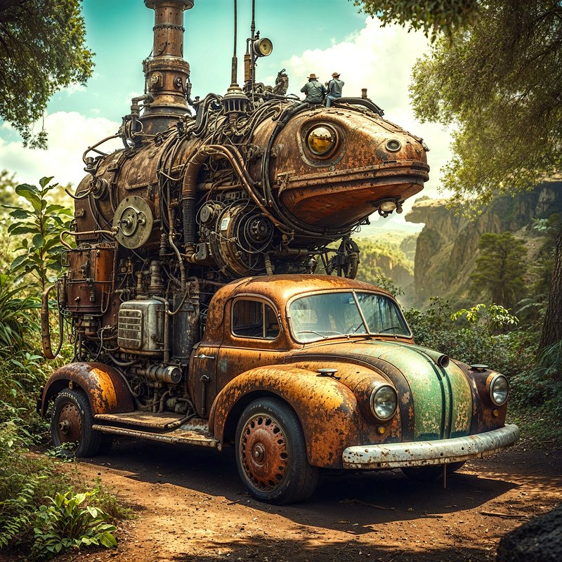 Rusted steampunk hybrid vehicle with frog-headed steam contraption parked on a sunlit forest dirt...