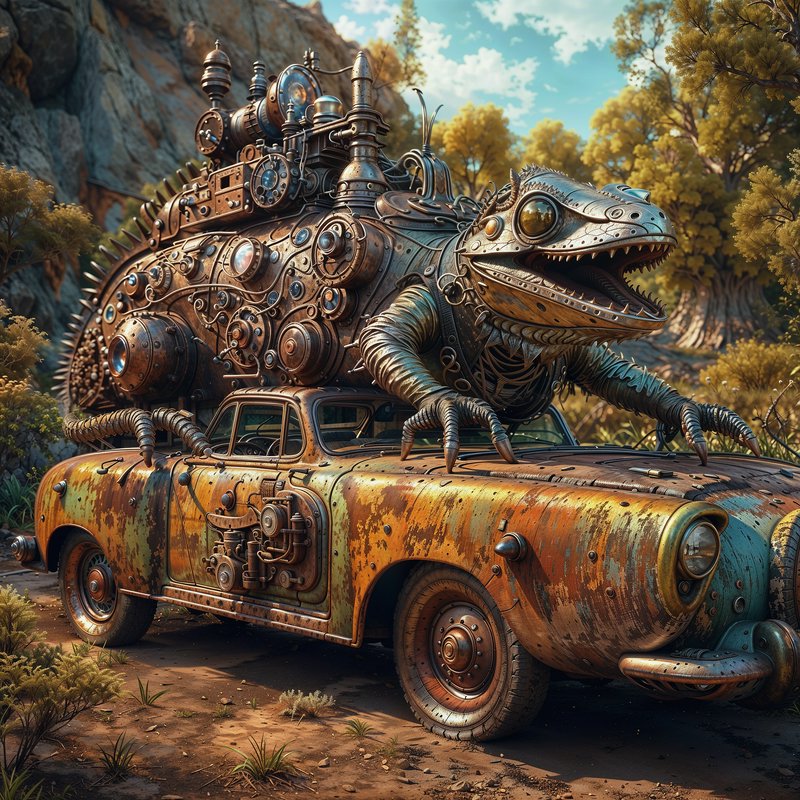 Steampunk mechanical lizard creature perched atop a rusted vintage steam car in a sunlit rocky wo...