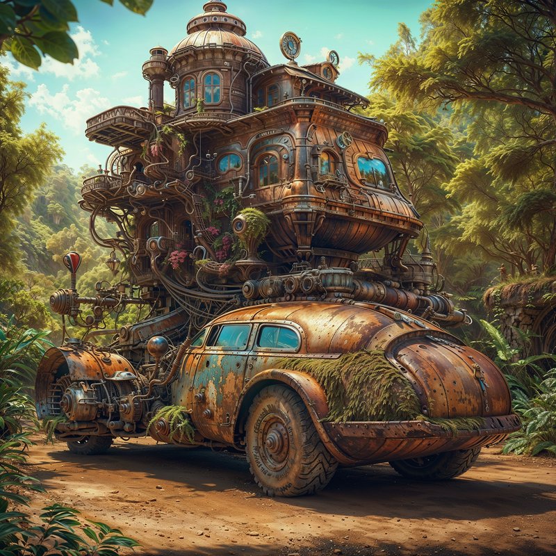 Elaborate rusted steampunk rolling home vehicle parked on a dirt road in a sunlit lush jungle lan...