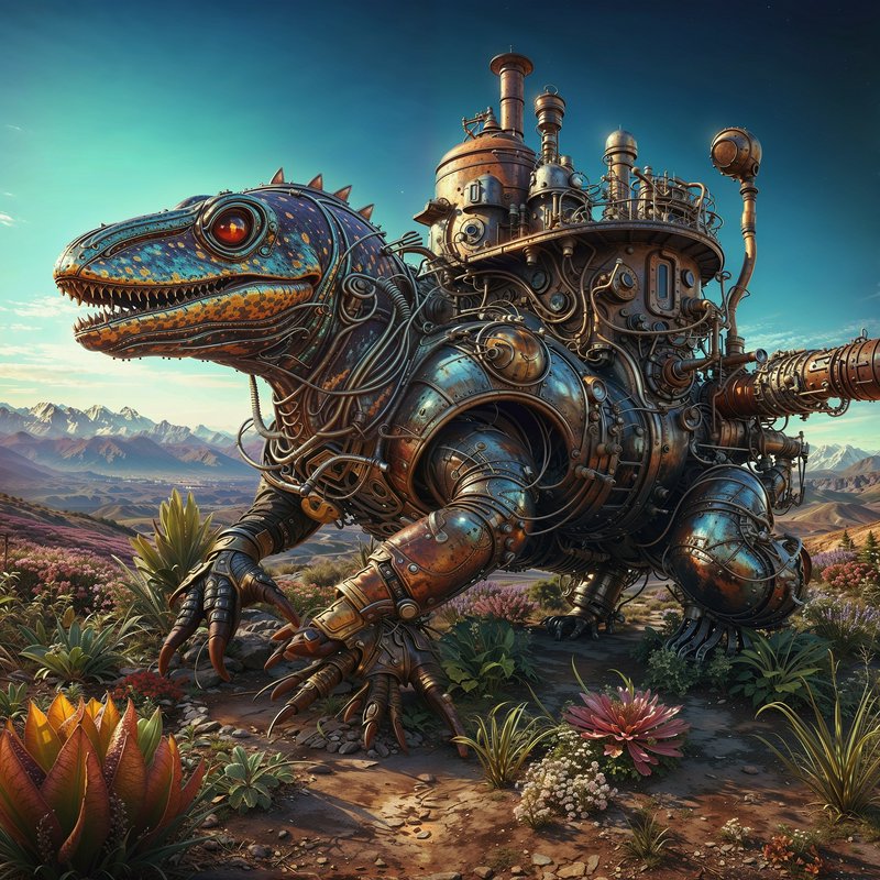 Steampunk mechanical robotic raptor stands in a sunlit wildflower valley with distant snow capped mountains