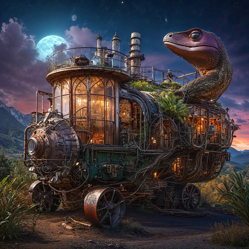 Steampunk rolling home with a giant reptile head sits beneath a glowing full moon at mountain twilight