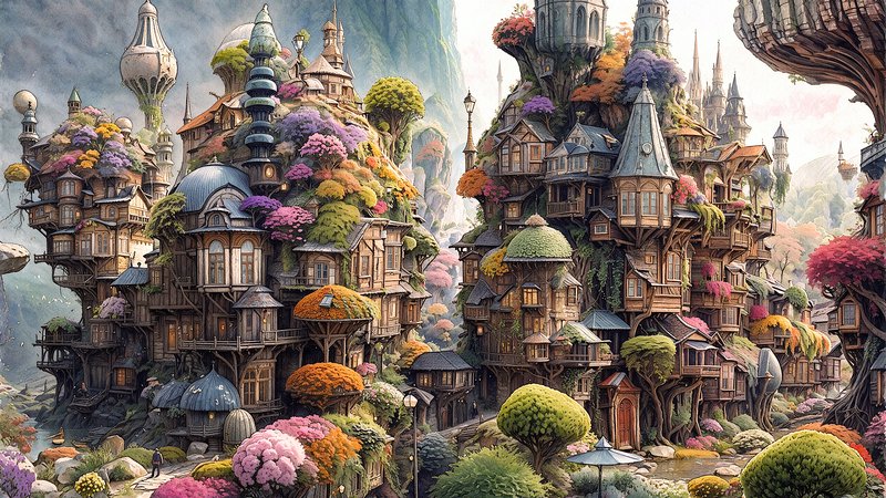 Whimsical fairy tale tree village with stacked wooden buildings and colorful blooms set against misty alpine mountains