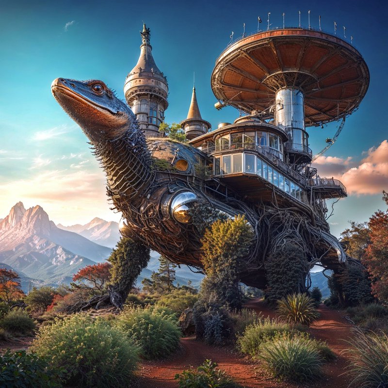 Giant steampunk mobile castle built atop a walking lizard creature in a sunlit mountain valley