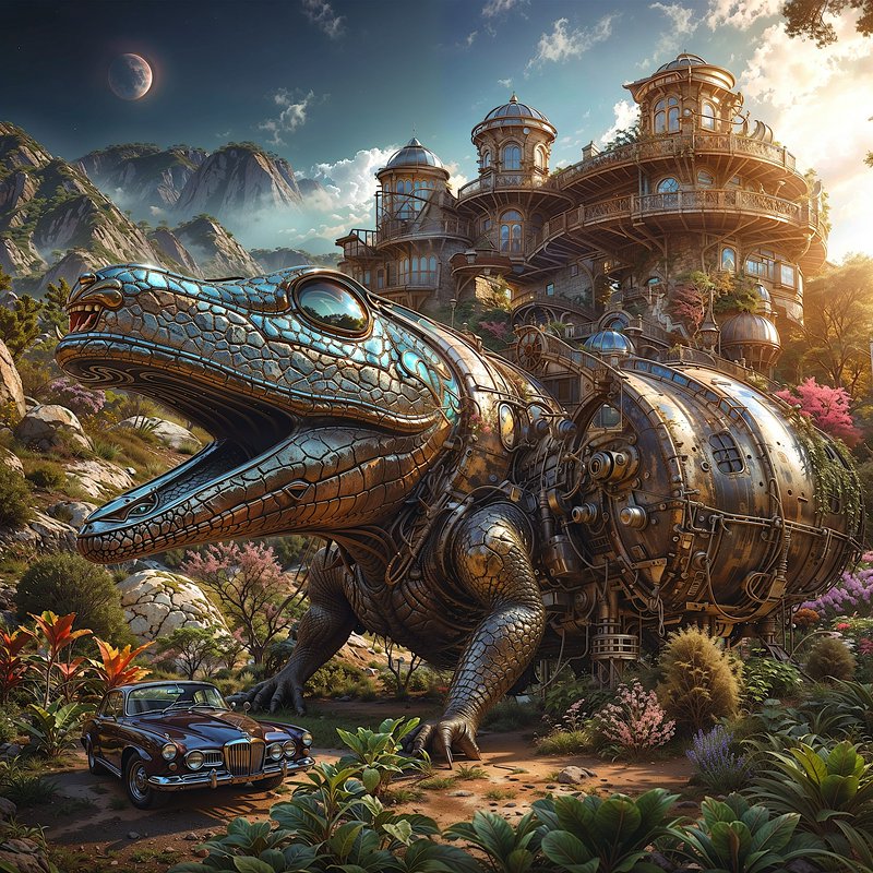 Giant ornate steampunk mechanical reptile stands beside a vintage car before a hilltop mansion at golden hour