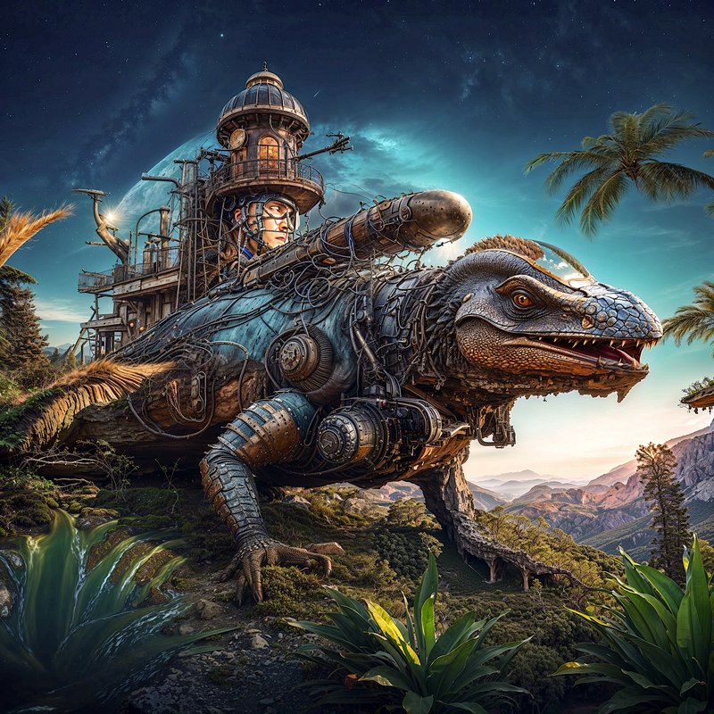 Steampunk biomechanical lizard beast with integrated pilot tower stands in a lush alien mountain valley under a starry sky