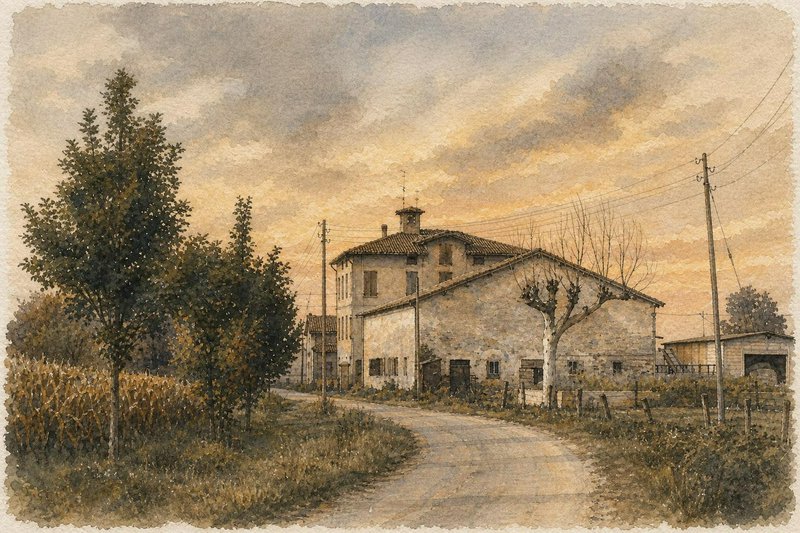 Vintage watercolor of an old stone farmhouse beside a winding country road at warm sunset