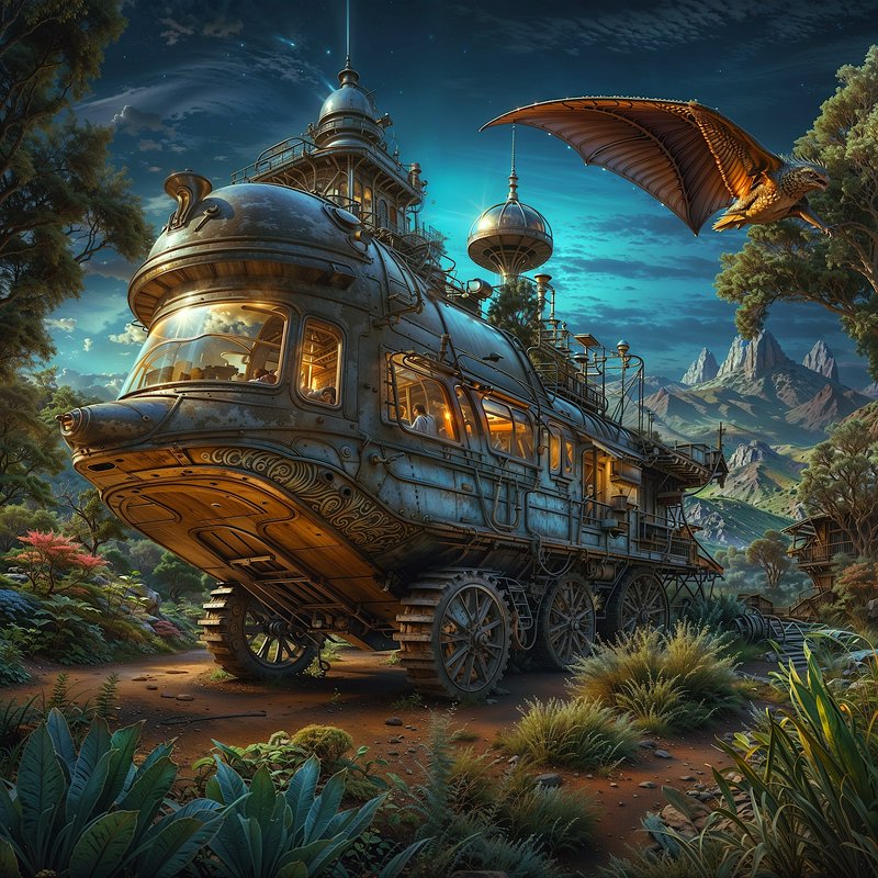 Ornate steampunk land traverser rests on a forest path as a mechanical gryphon flies overhead at ...