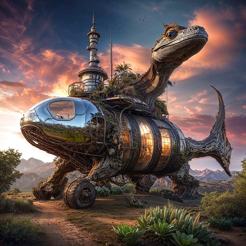Surreal steampunk reptilian hybrid vehicle creature rests on a rural dirt road at colorful sunset