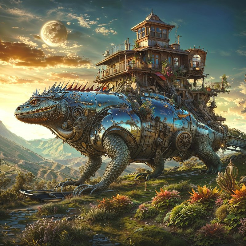 Giant steampunk mechanical lizard carries a hillside home across a mountain meadow at sunset