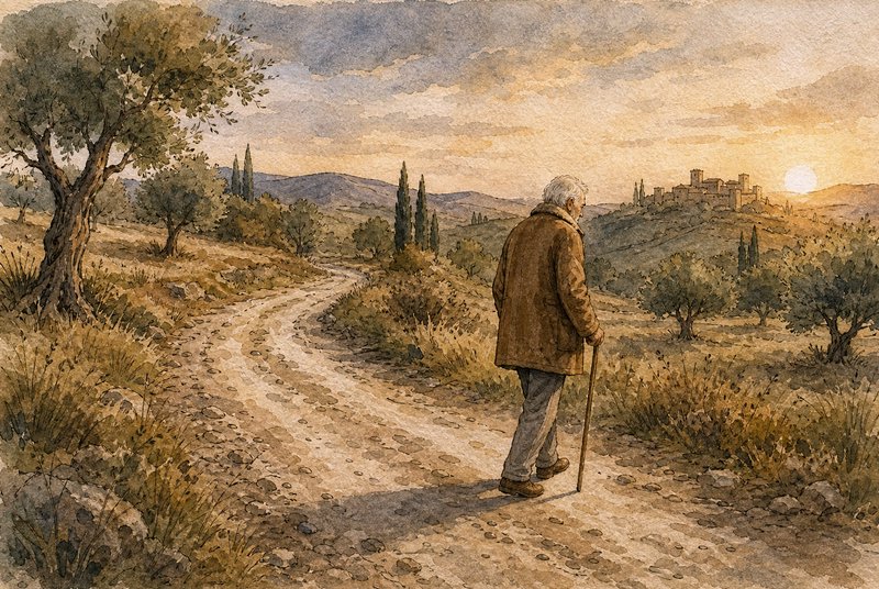 Elderly man with a walking cane walks along a winding Tuscan dirt road at golden sunset