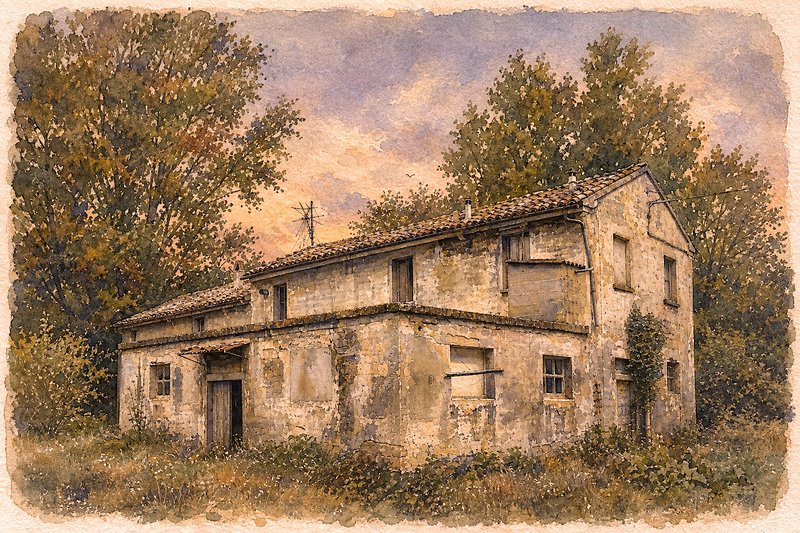 Weathered abandoned stone farmhouse tucked among trees, rendered as a soft watercolor at golden s...
