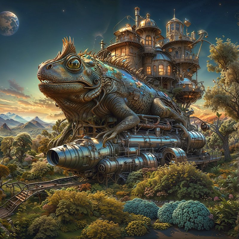 Ornate steampunk giant iguana carries a fantasy turreted mansion above a lush sunset valley under...