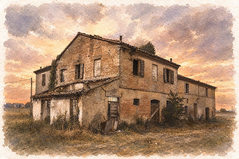 Crumbling abandoned brick farmhouse stands under a warm golden sunset sky, painted in soft waterc...