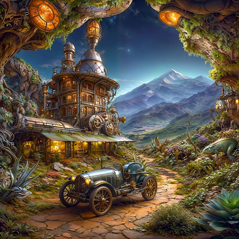 Ornate steampunk manor and vintage roadster sit on a stone path overlooking a mountain valley at ...
