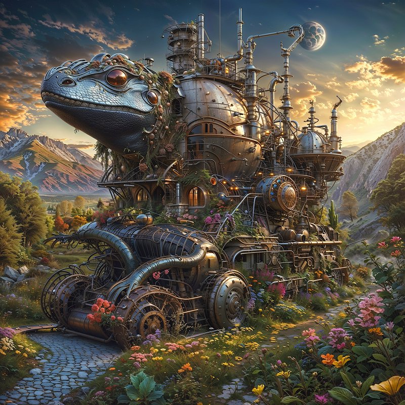 Steampunk mechanical lizard locomotive rests on a cobblestone path in a blooming alpine valley at...