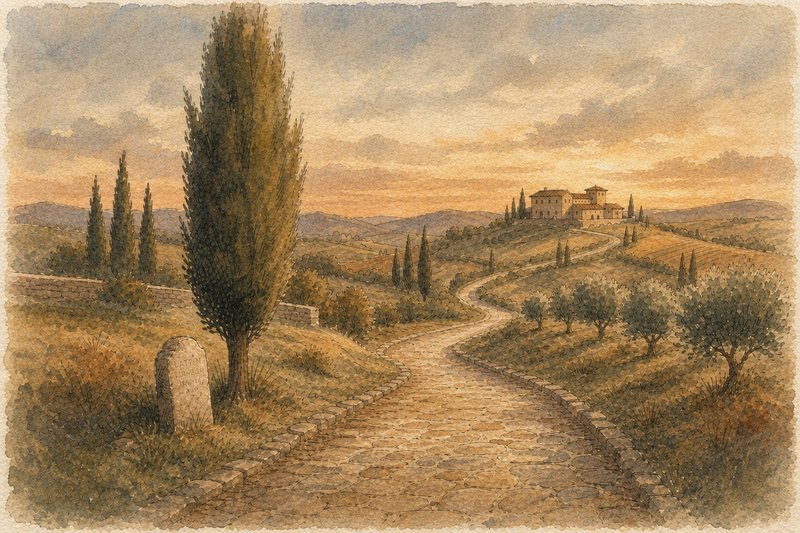 Winding cobblestone road leads to a hilltop Tuscan villa under a warm golden sunset sky