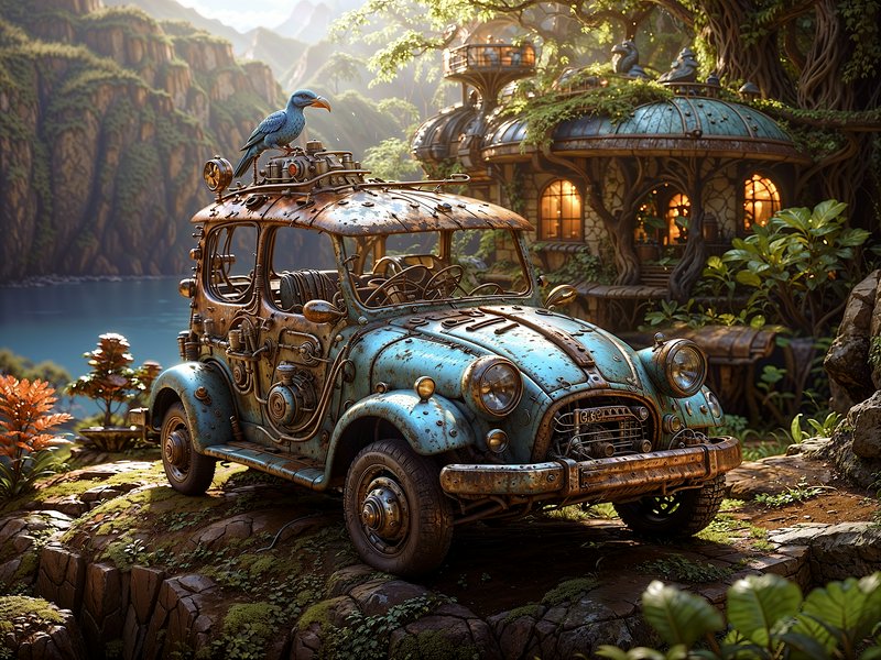 Weathered turquoise steampunk car with a blue bird perched on its roof beside a fantasy lakeside treehouse