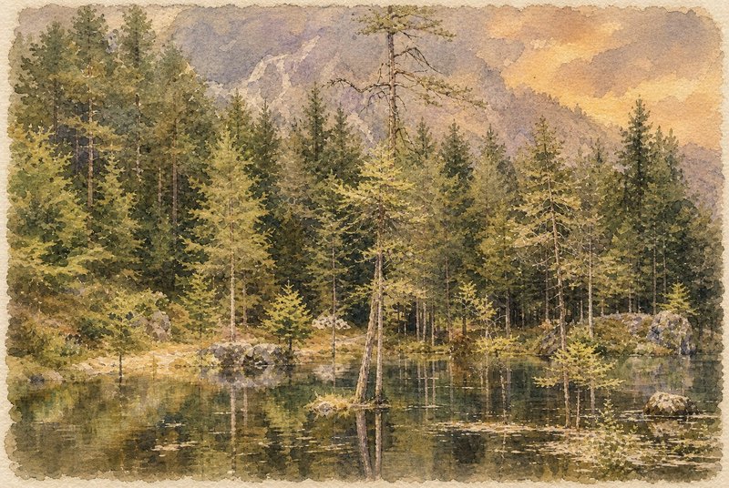 Vintage watercolor of a calm alpine lake reflecting pine trees beneath hazy mountain peaks at golden sunset