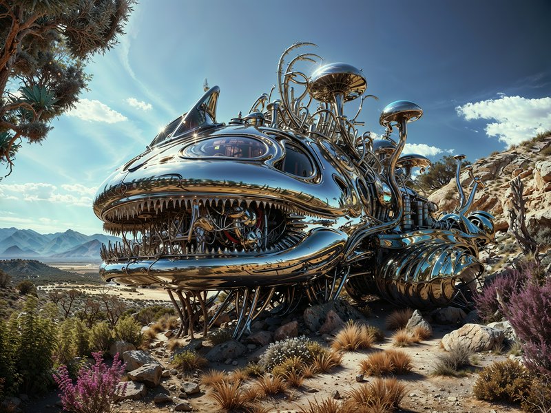 Polished chrome biomechanical alien vessel with a shark-like face rests on a sunlit desert hillside