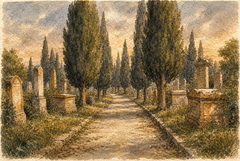 Watercolor of a winding old cemetery path lined with tall cypress trees and weathered stone tombstones