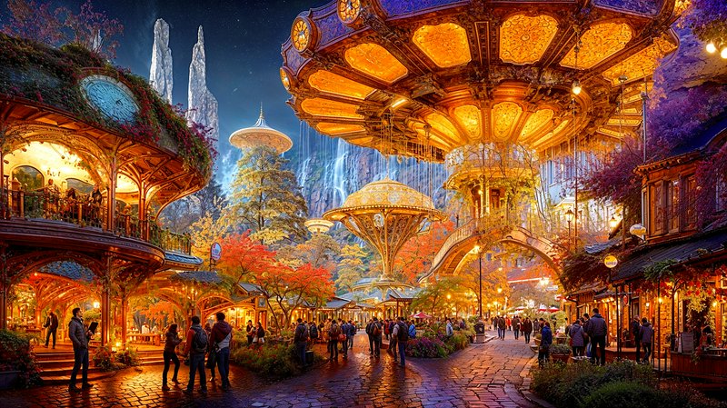 Bustling ornate steampunk fantasy market square glowing with warm light under a twilight starry sky