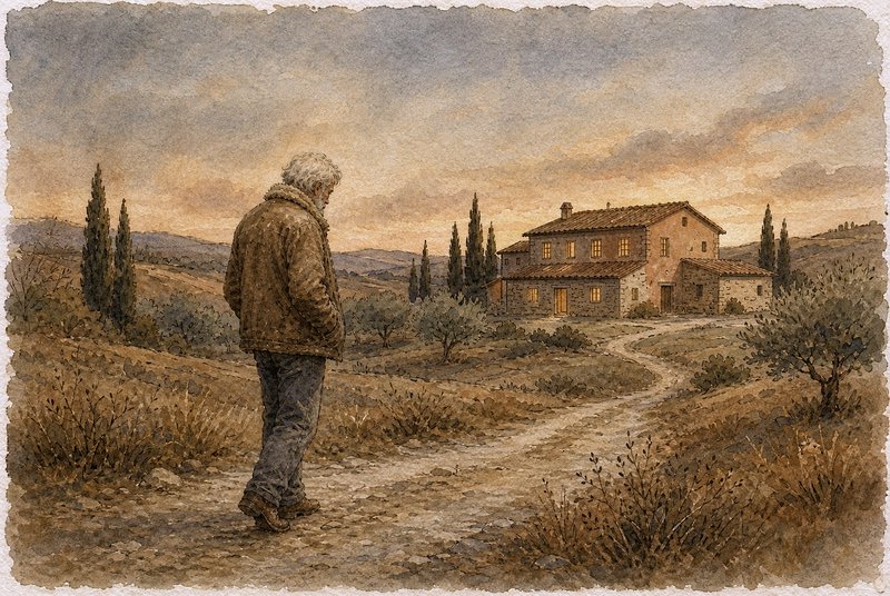 Elderly man pauses on a dirt country path looking toward a stone Tuscan farmhouse at sunset
