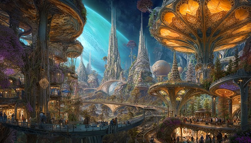 Bustling organic arboreal fantasy city sits beneath a glowing turquoise gas giant in a night sky