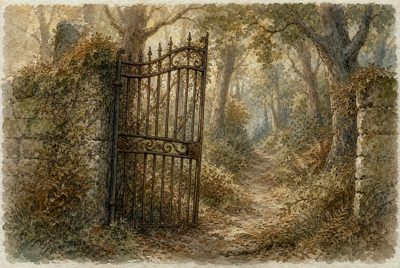 Ornate weathered iron gate stands ajar, opening onto a misty sun-dappled autumn forest path