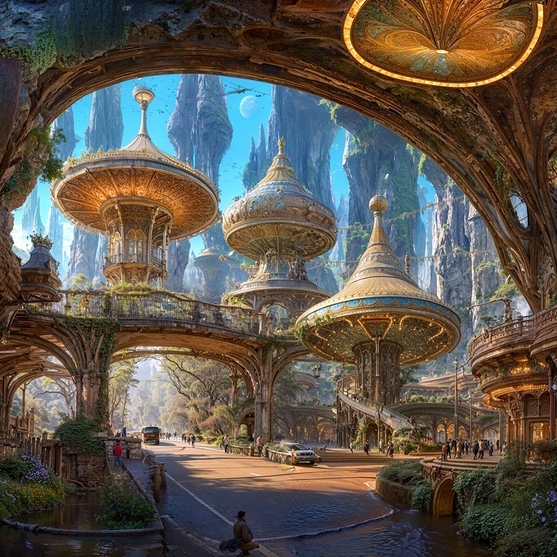 Ornate magical fantasy city with gilded tower architecture set in a rocky mountain valley, viewed...