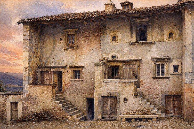 Weathered historic stone village house with terracotta roof overlooking rolling hills at warm sunset