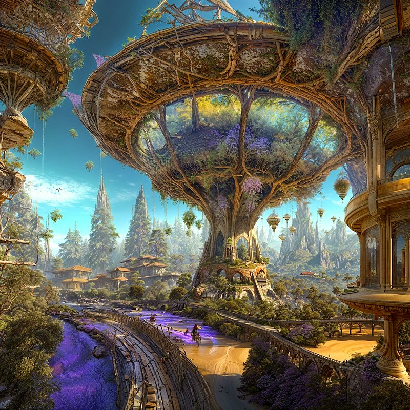 Giant floating tree-top elven city built around an ancient magical tree above a glowing river valley