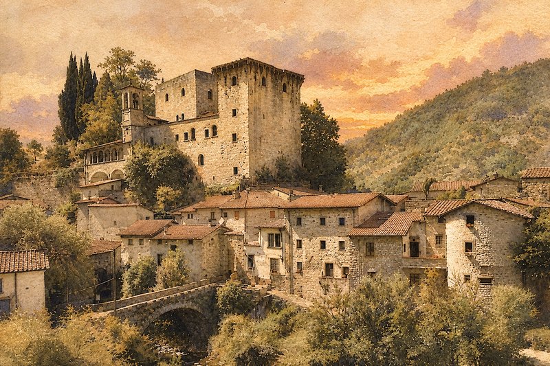 Hilltop medieval stone castle overlooking a rustic Italian mountain village at golden sunset