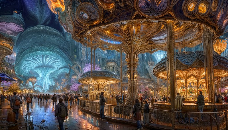 Bustling fantastical underground market with ornate golden stalls, glowing giant crystalline tree...