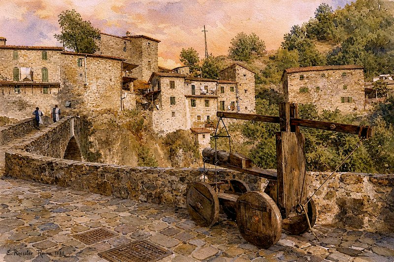 Watercolor painting of a rustic stone hilltop village with a wooden catapult on a cobblestone sto...