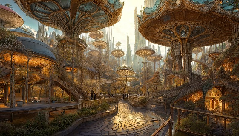 Sprawling ornate elven tree city with giant mushroom architecture lit by warm golden sunrise