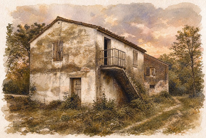 Atmospheric watercolor painting of a weathered abandoned rural farmhouse at golden hour sunset