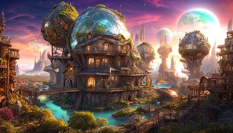 Whimsical fantasy arboreal village built into rocky spires sits above a turquoise river under a g...