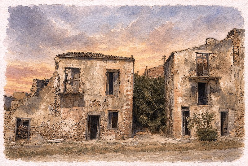 Watercolor painting of crumbling abandoned stone buildings beneath a warm sunset sky