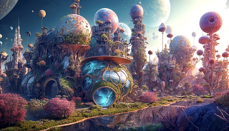 Surreal alien fantasy landscape with organic futuristic architecture, strange alien flora, and mu...