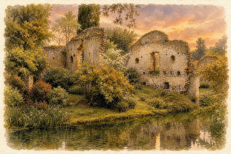 Crumbling overgrown stone ruins sit beside a calm reflecting pond at golden sunset