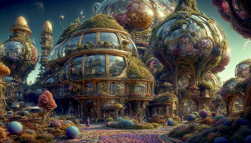 Whimsical solarpunk city with organic plant-covered domed buildings, lush flowering gardens, and ...
